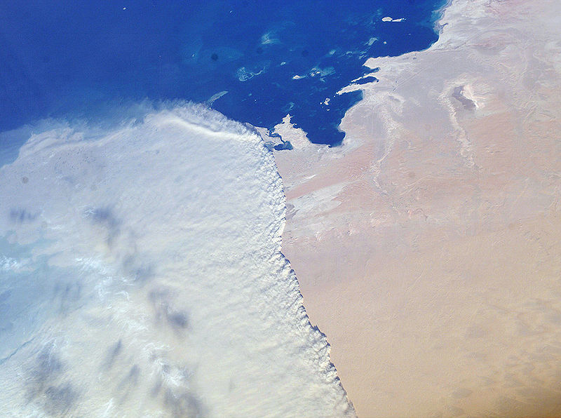 A photograph taken from the International Space Station shows a sandstorm sweeping across Qatar. North is to the left.