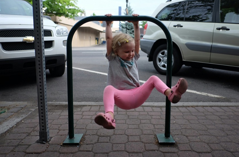This bike rack in downtown Bend doubled as a Piper-sized pull up bar.