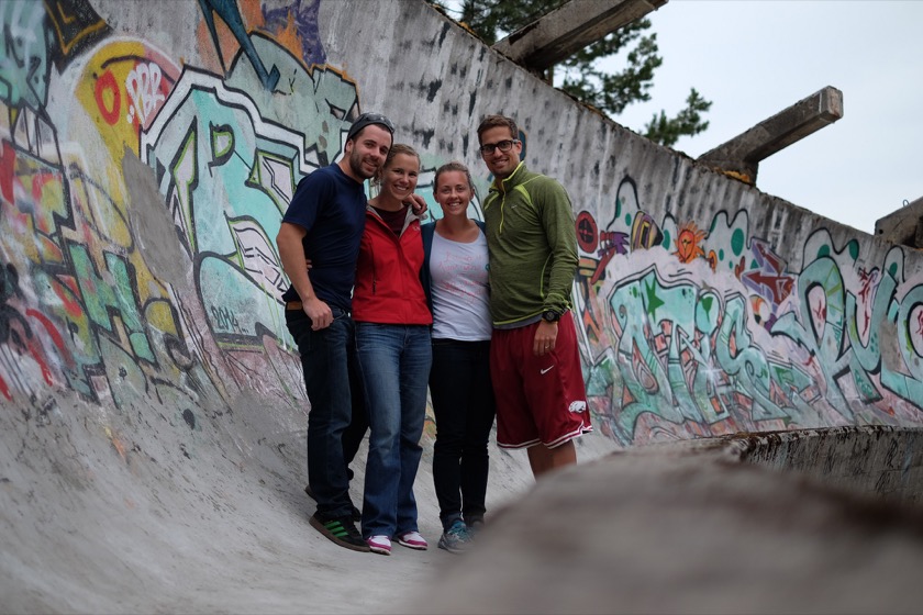 Me, Rachael, Bethany, and Jake on the abandoned bobsled track in Sarajevo.