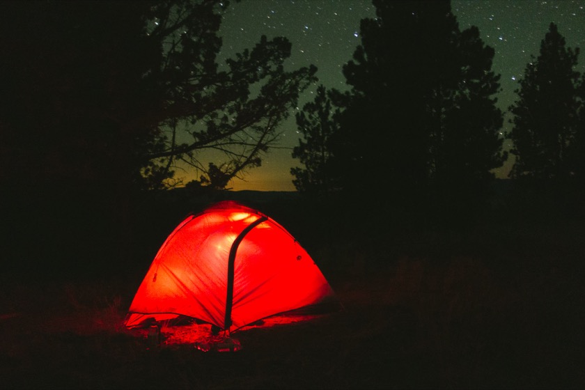 The red light inside the tent came from Rachael's headlamp as we were getting ready for bed. Not a bad place to spend a night.