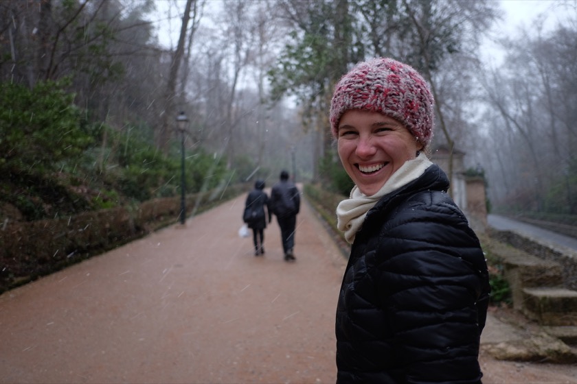 Rachael on our way back up toward the Alhambra, right before the snow began to stick.