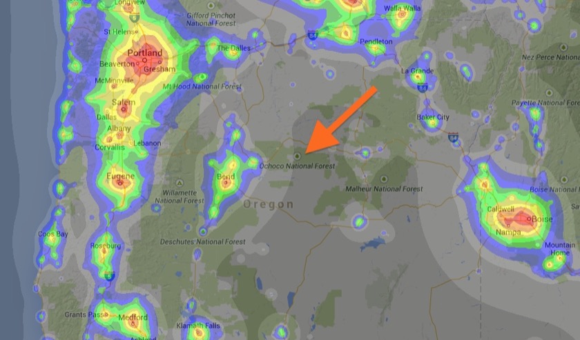 This map uses satellite data to show light pollution in Oregon, with the more colorful areas suffering from greater light pollution. The location of the Oregon Star Party is at the tip of the orange arrow.