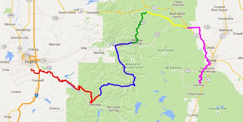 The route we took from Eugene to Sun River included a trip down around Oakridge, the Aufderheide Highway, the McKenzie River Trail, the Santiam Wagon Trail, and the Deschutes River Trail. Each color marks a different day of riding. Click the image for a detailed map with gpx files at RideWithGPS.com.