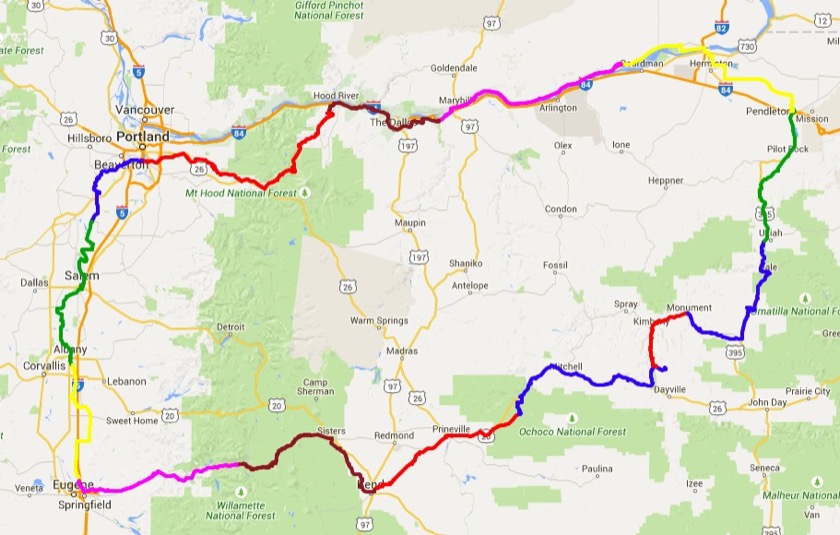 Here's the route I took. I started in Portland and rode counterclockwise. The different colors correspond to different days.