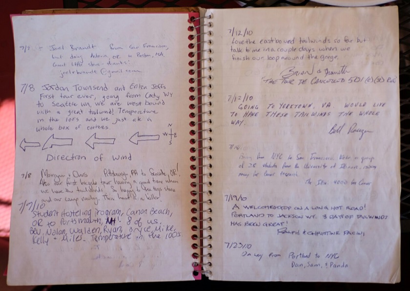 A small restaurant in Roosevelt, Washington had a guest book for cyclists on tour to sign. Pretty cool, except that most of them were headed east and enjoying a strong westerly tailwind.